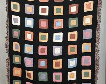 Granny Square Woven Throw Blanket, Square Pattern, 60's 70's Groovy Blanket Tapestry, Cotton Sofa Throw, Wall Tapestry, Bedroom Decor, Black