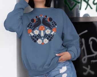 Mushroom Sweatshirt, crow shirt, mushroom shirt women, witchy gift, mystical shirt, moon shirt, cottagecore sweatshirt, botanical, fungi