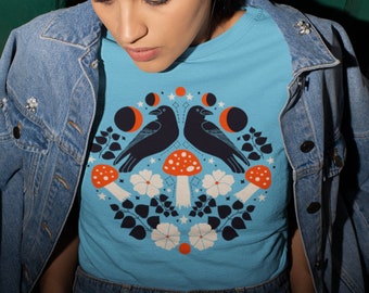 Crow Shirt, Crow Lover, Retro Mushroom Tee, Mushroom Shirt, Magic Mushroom T Shirt, Goblincore Shirt, Mushroom Gifts, Mushroom Lover, Moon