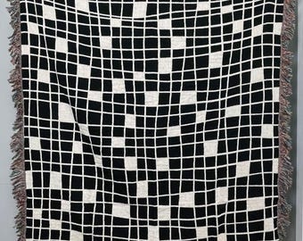 Checkered Pattern Woven Blanket, Wavy Lines, Black & Off White Throw, Abstract Tapestry, Cotton Sofa Throw, Wall Tapestry, Bedroom Decor