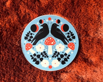 Crow, Moon & Magic Mushroom Sticker, Retro Decal, Boho Hippie, Psychedelic Laptop Sticker Art, Vinyl Decal, Moonflower Sticker, witchy decal