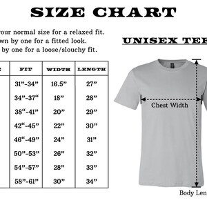 May include: A size chart for unisex tees, with measurements in inches. The chart includes sizes XS to 4XL, detailing chest width and body length. A gray t-shirt is shown with labeled chest width and body length measurements.