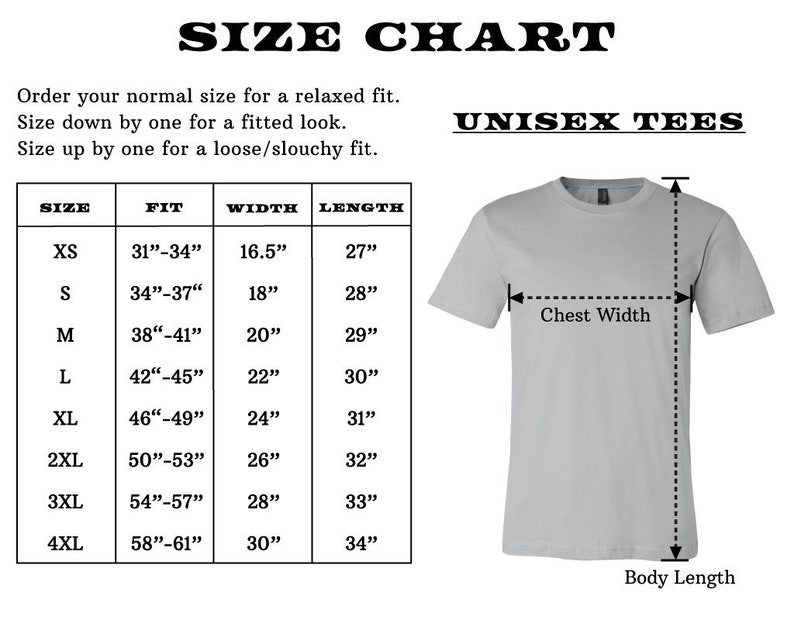 May include: A size chart for unisex tees, with measurements in inches. The chart includes sizes XS to 4XL, detailing chest width and body length. A gray t-shirt is shown with labeled chest width and body length measurements.