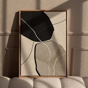 Minimalist Wall Art Canvas, 70x100cm Abstract art with Wooden Frame, Floating Frame Canvas, Black Beige, Neutral Art, Living room wall decor