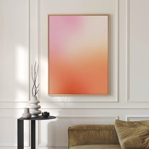 Lienzo con aura rosa y naranja con marco de madera, 70 x 100 cm, arte de pared degradado, impresión con resplandor de aura de ensueño, arte abstracto con resplandor grande, arte decorativo de moda