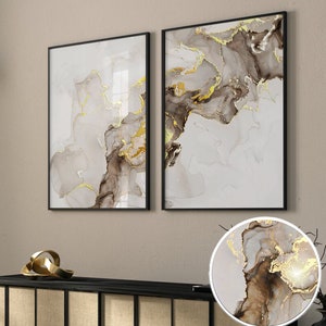 Beige Braun Aquarell Echt Gold 2er Set Poster 50 x 70 cm | Aquarell Wand Kunst | Abstraktes Modernes Wohndekor | Aquarell | Beige Druck