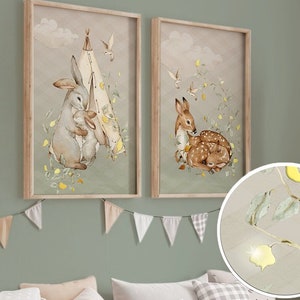 Reh-Kinderzimmer-Drucke GOLD 3D-Set mit 2 50 x 70 cm, Baby-Tier-Drucke, Kinderdekoration, Hasen-Kinderzimmer-Kunst, Waldtiere Kinderzimmer, salbeigrüne Kunst