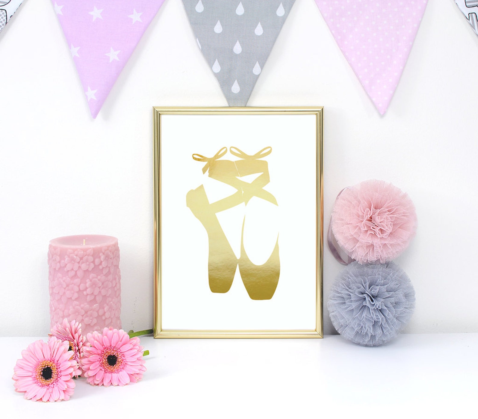 ballet shoes print, real gold foil print, gold shoes print, ballet dancer, nursery decor, girls room decor, ballet wall art, bed