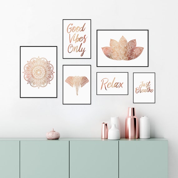 Set Of 6 Prints Hindu Decor Zen Prints Bedroom Decor Rose Gold Foil Print Minimal Art Feng Shui Wall Art Zen Set Prints Mandala Lotus