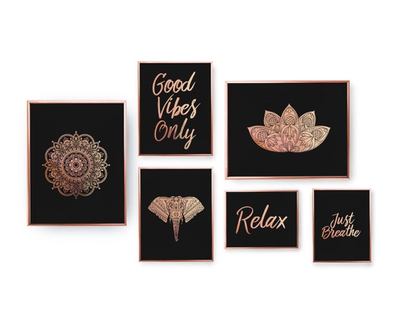 Set Of 6 Prints Hindu Decor Zen Prints Bedroom Decor Rose Gold Foil Print Minimal Art Feng Shui Wall Art Zen Set Prints Mandala Lotus