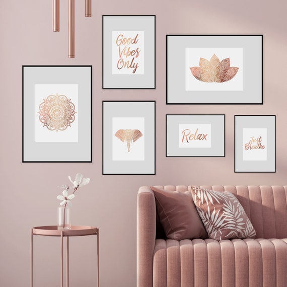 Set Of 6 Prints Hindu Decor Zen Prints Bedroom Decor Rose Gold Foil Print Minimal Art Feng Shui Wall Art Zen Set Prints Mandala Lotus