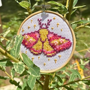 Hand-Stitched Rosy Maple Moth – Whimsical Insect Wall Hanging