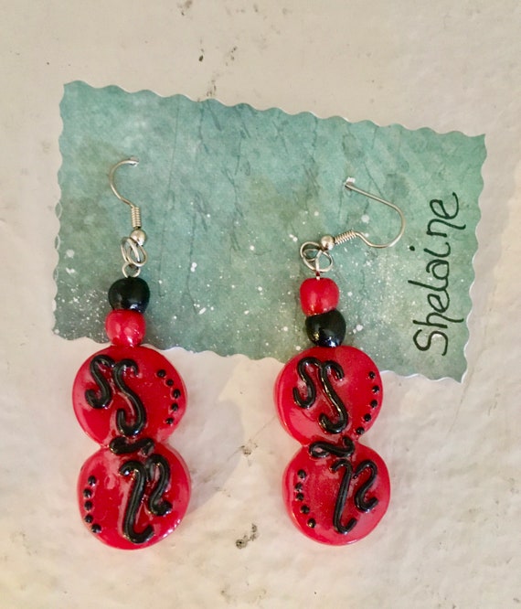 Dangle Red and Black Polymer Clay Pierced Earrings