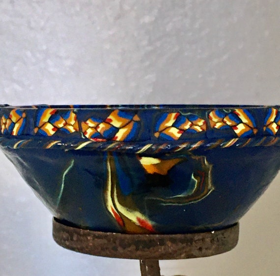 Decorated Glass Trinket Bowl Navy Fire