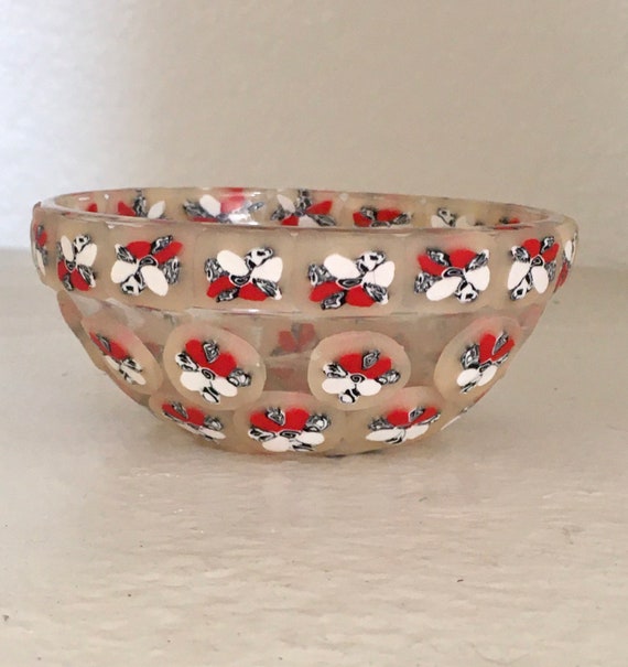 Decorated Glass Trinket Bowl Red Black White Flowers