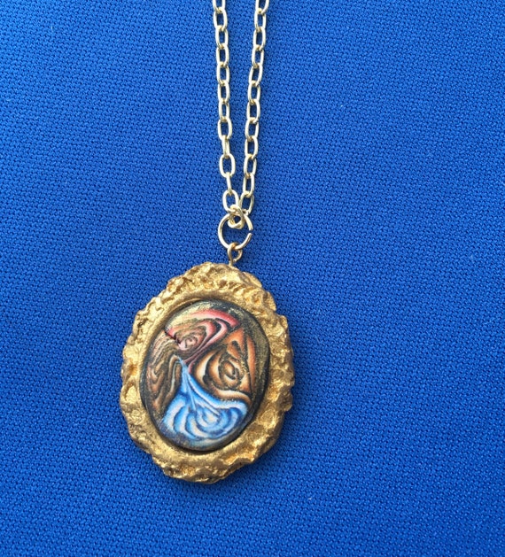 Handcrafted Vintage Look Polymer Clay Pendant Necklace