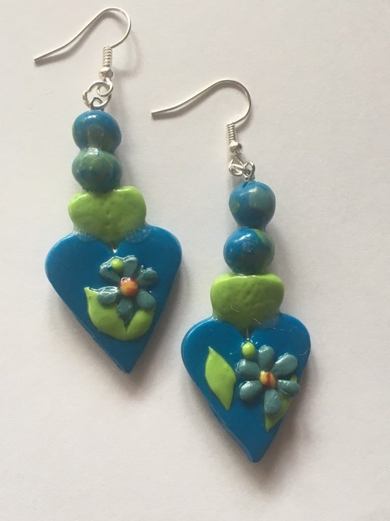 Blue /Green Floral Heart Dangle Pierced Earrings