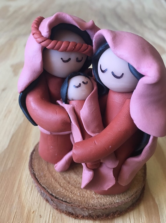Nativity Rust and Pink Clay One Piece on Wood Base