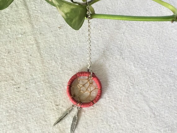 Orange Dreamcatcher Keychain with 2 Feather Charms