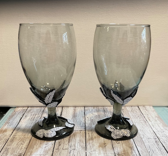 Wine Glasses Smoked Glass Decorated