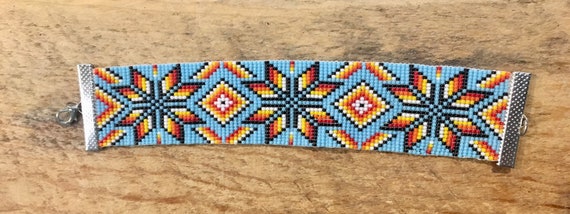 Wide Blue Star Pattern Loom Beaded Bracelet