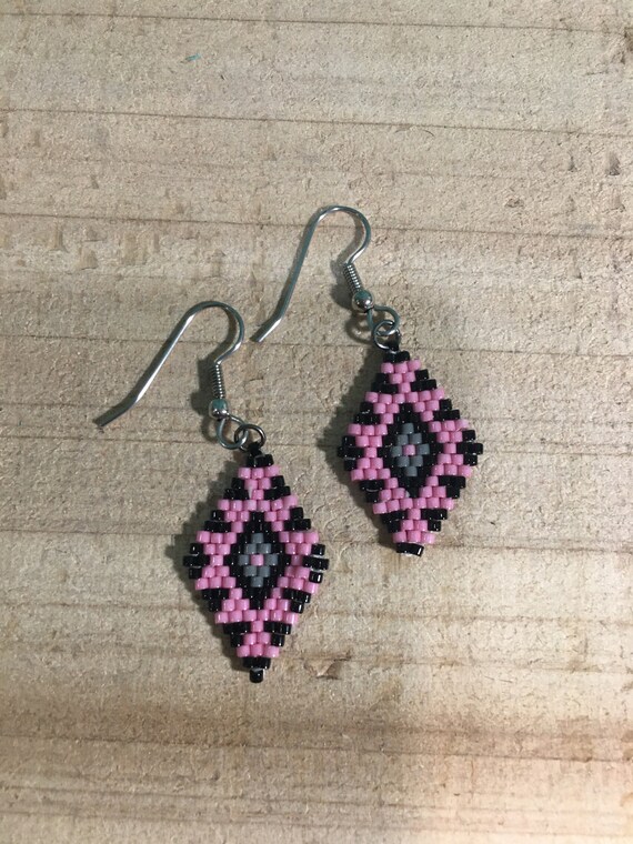Brickstitch Beaded Earrings Pink, Gray & Black