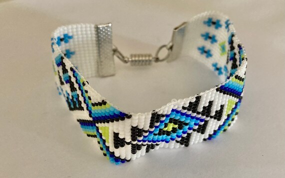 Wide Loom Beaded Bracelet Black Blue and White