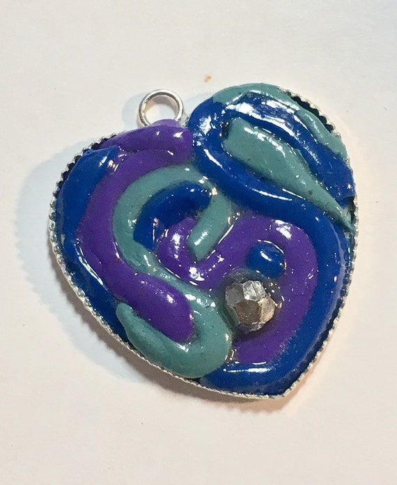Polymer Clay Heart Pendant in Navy, Green, and Purple