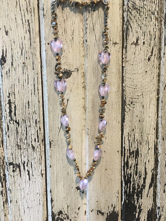 Pink Heart and Natural Stone Bead Necklace