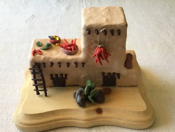 Southwestern Pueblo Style House Miniature on Wood Base