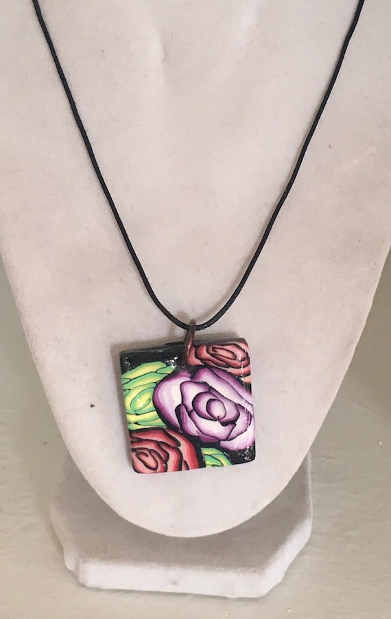 Square Roses Polymer Clay Pendant Necklace