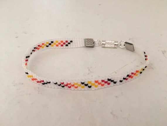 White and Fire Colors Narrow Loom Beaded Bracelet