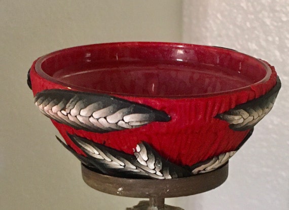 Red Trinket Bowl Textured with Leaf