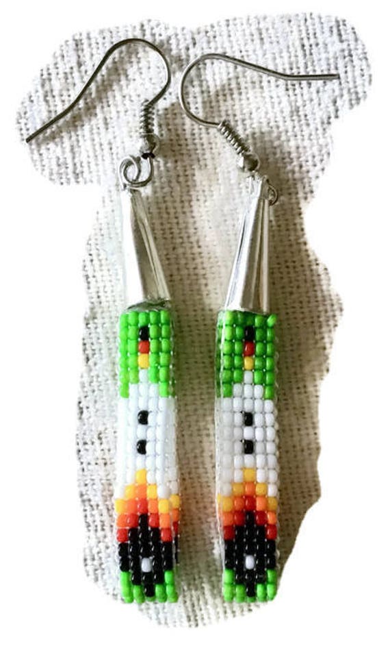 Green Feather Pattern Loom Beaded Earrings