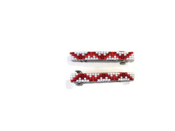 White/Red Small Loom Beaded Hair Barrette Pair