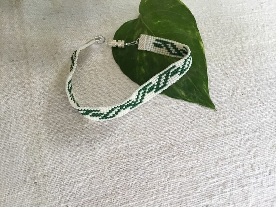 Green and White Narrow Loom Beaded Bracelet