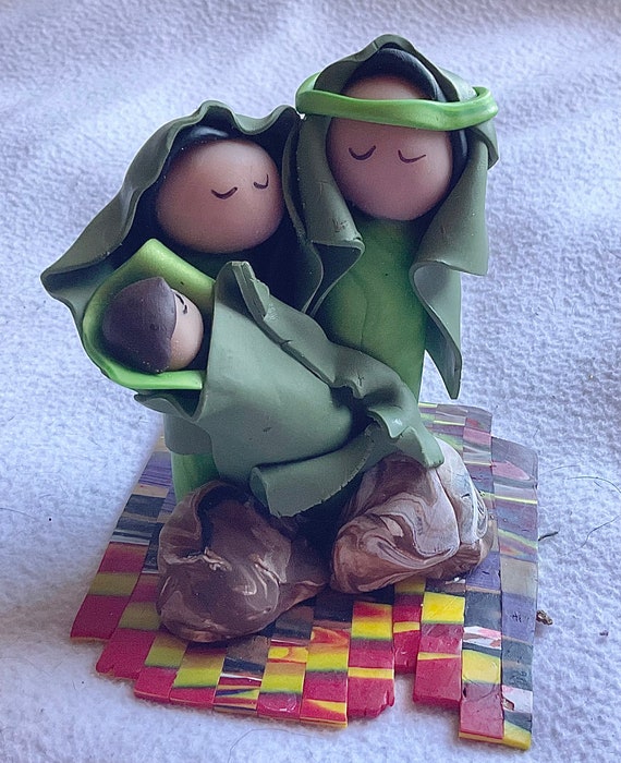 Nativity in Green on Colorful Rug in Polymer Clay