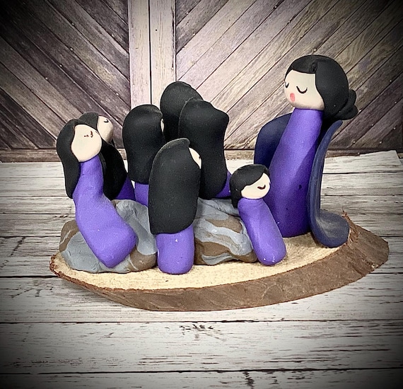Storyteller in Purple Polymer Clay on Wood Base