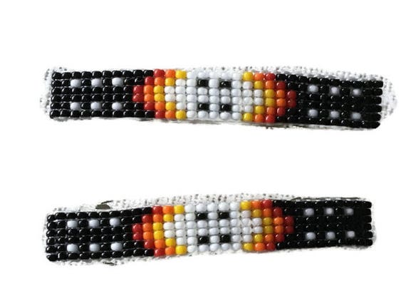Black and Flame Medium Loom Beaded Hair Barrette Pair