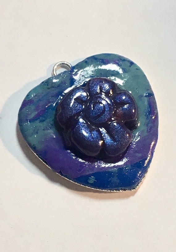 Heart Shaped Pendant with Flower in Polymer Clay
