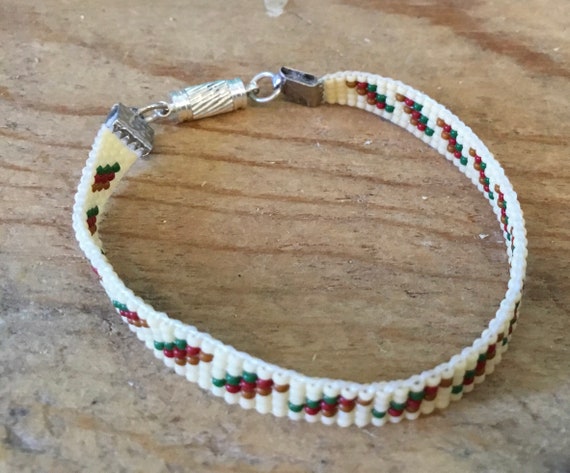 Eggshell with Red/Green Loom Beaded Narrow Bracelet