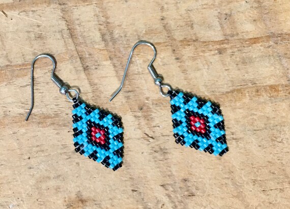 Turquoise Black & Red Brickstitch Dangle Beaded Earrings