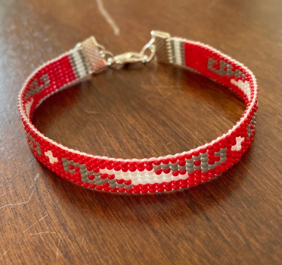 Loom Beaded Narrow Bracelet in Red White and Gray