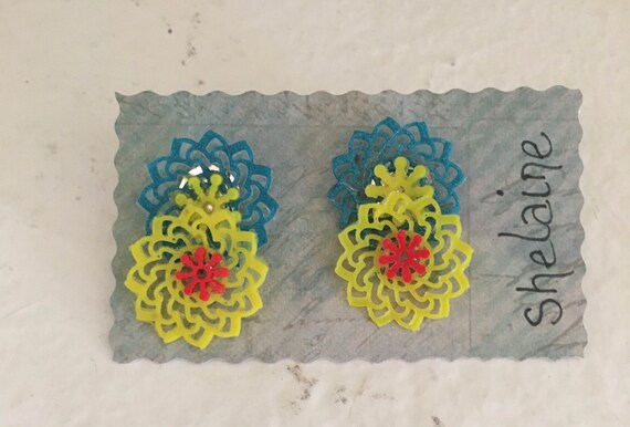 Yellow and Blue Lacy Stud Earrings