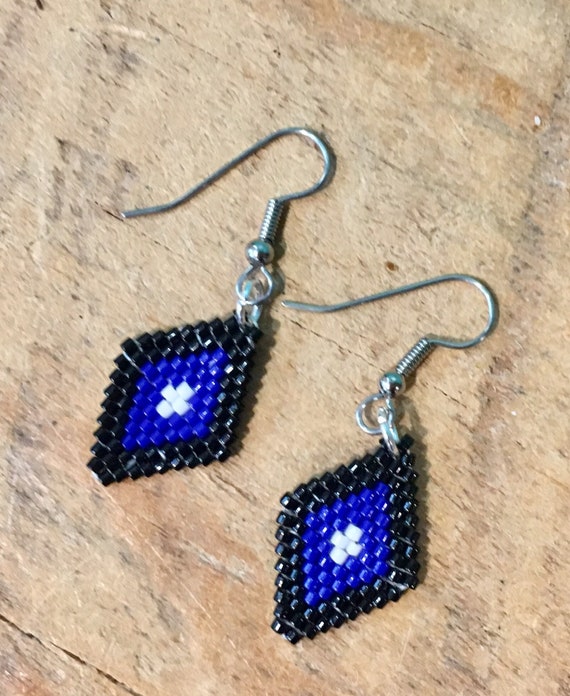 Diamond Brickstitch Beaded Earrings in Black and Blue