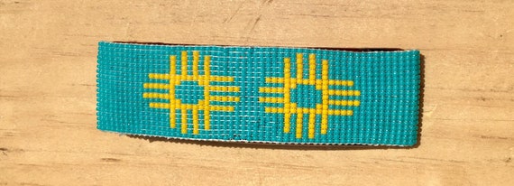 Turquoise Wide Beaded Hair Barrette with Yellow Zia Design
