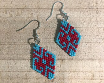 Brickstitch Beaded Earrings Turquoise and Red