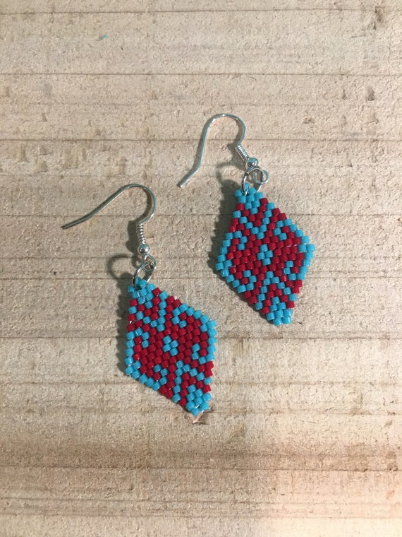 Brickstitch Beaded Earrings Turquoise and Red