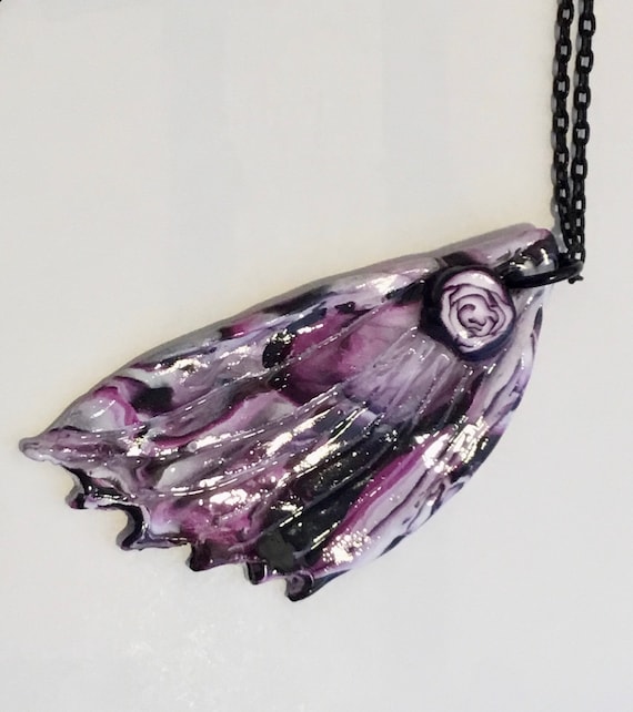 Purple Rose Wing Polymer Clay Pendant Necklace