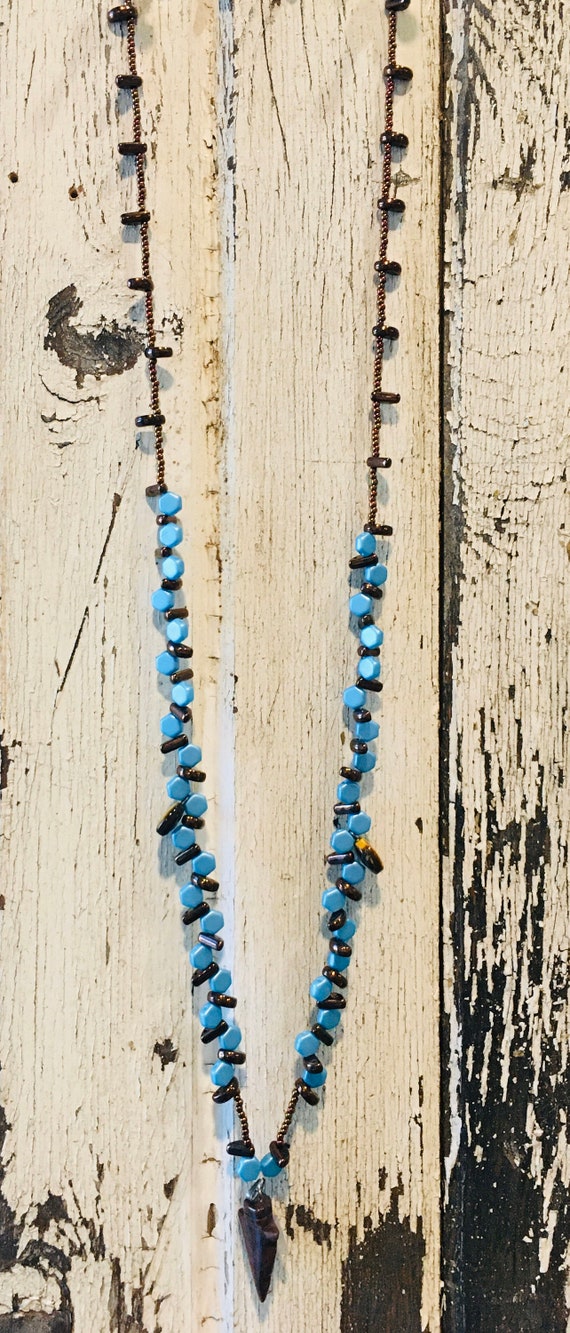 Southwest Inspired Turquoise and Copper Beaded Necklace with Arrowhead Pendant